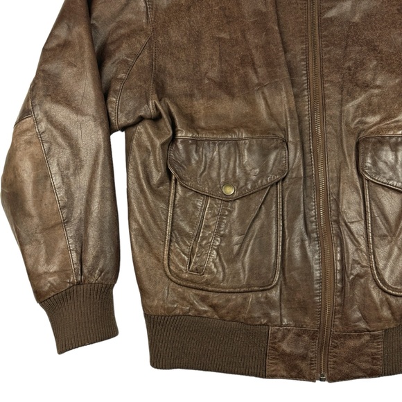 Paris Sport Club Sz Medium Brown Leather Bomber Jacket Front Pockets Fully Lined - Picture 4 of 16